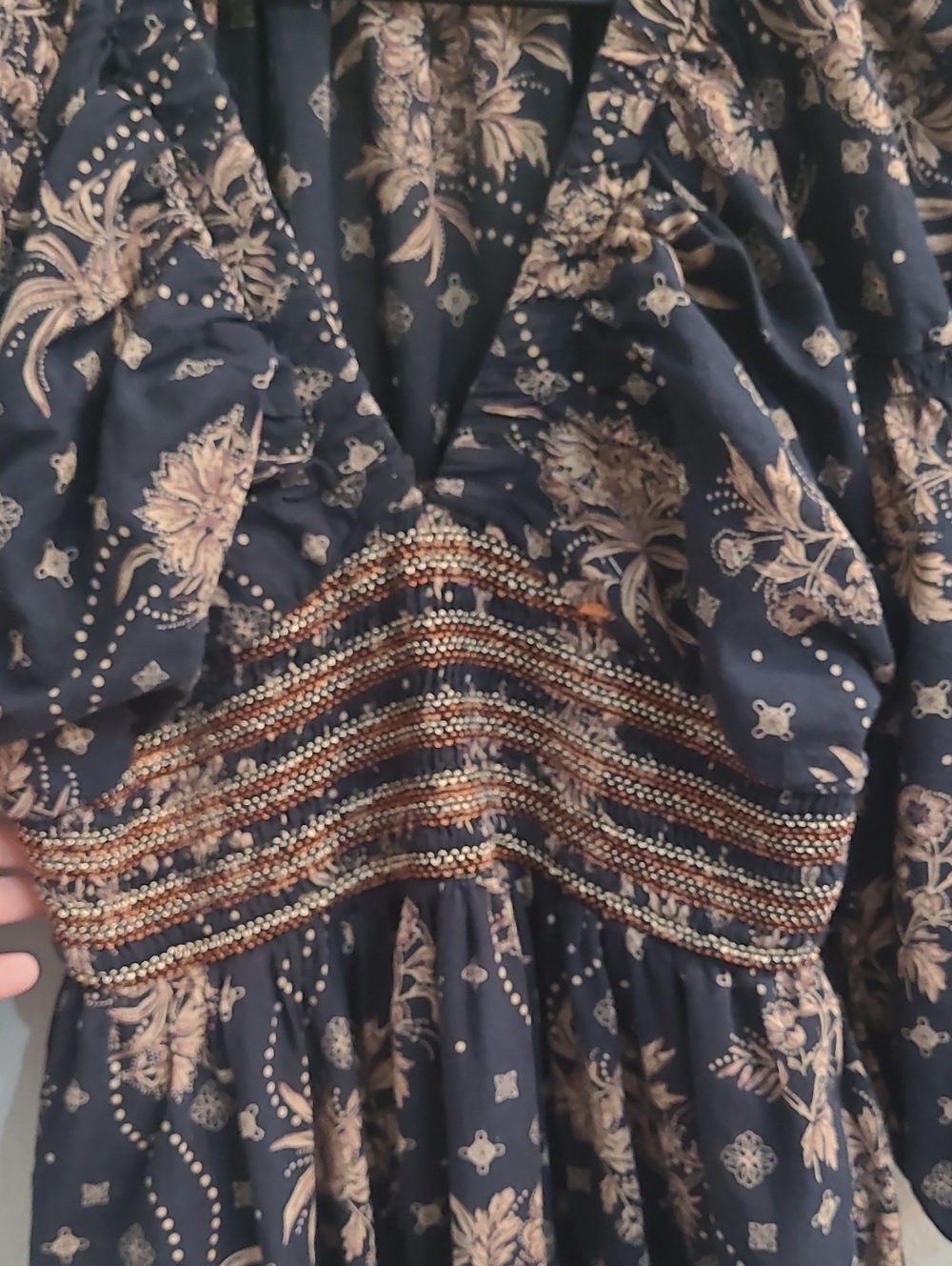 Free People Black Maxi Dress with Tan Floral Print Boho, Natural Material Size M - Picture 8 of 10